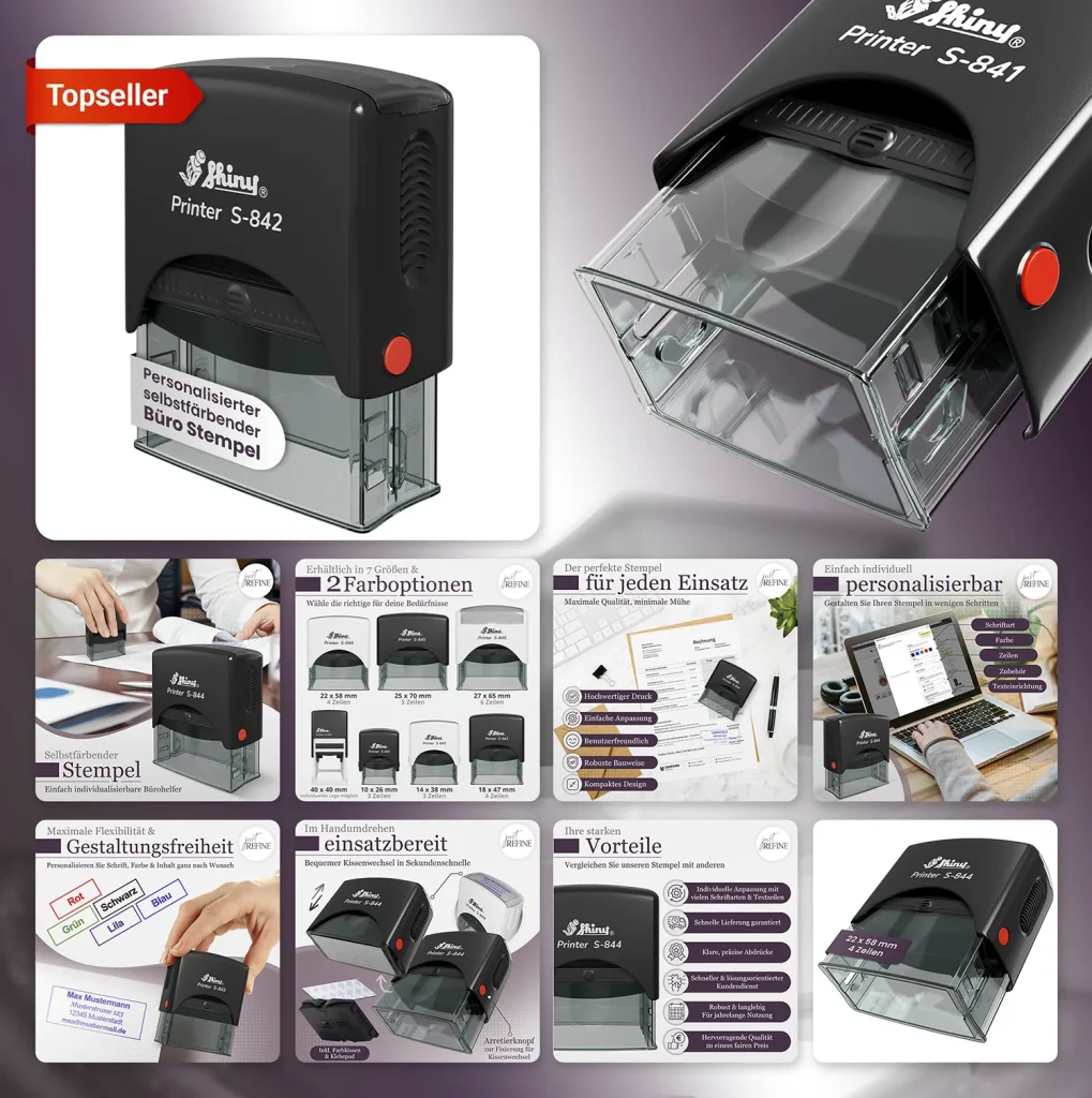 Personalisiertes Büro-Stempel-Set – Produktfotos, Infografiken und Onlineshop Produktbilder