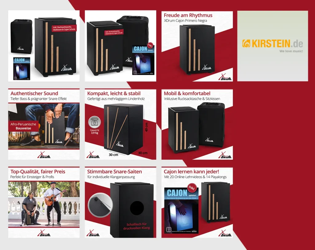 Musikhaus Kirstein Cajon Prime Werbe-Collage – Produktfotos und Onlineshop Produktbilder für Percussion Instrumente