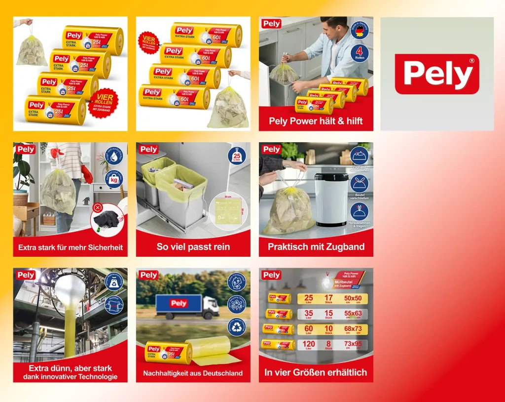Pely Müllbeutel Produktbilder Collage – verschiedene Abfallbeutel und Anwendungsszenen für den Onlineshop