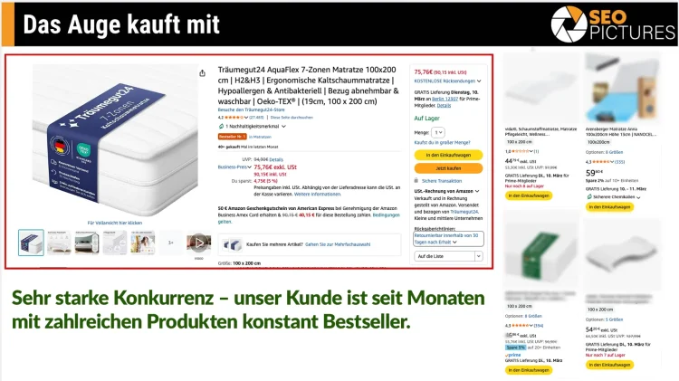 Use-Case: Amazon-Matratzenlisting – unsere optimierten Produktbilder sorgen trotz starker Konkurrenz für konstante Bestseller-Performance.