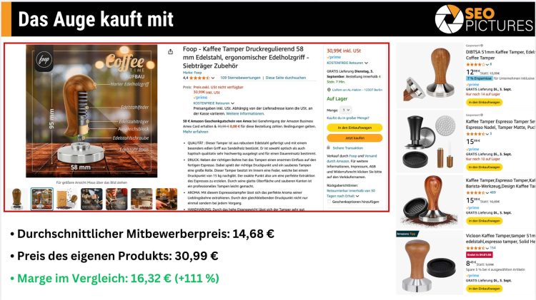 Premium-Bildsprache setzt den Preisanker: Statt im Preisvergleich unterzugehen, wirkst du wie das bessere Produkt – und kannst deutlich über dem Marktpreis verkaufen.